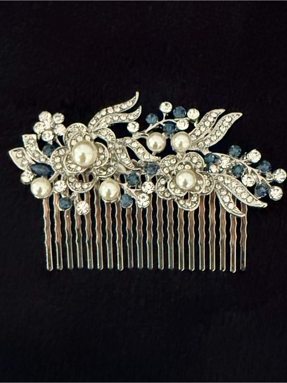 EVER FAITH~Wedding Hair Comb~Blue Rhinestone~Pearl~Bridal Headpiece Accessory